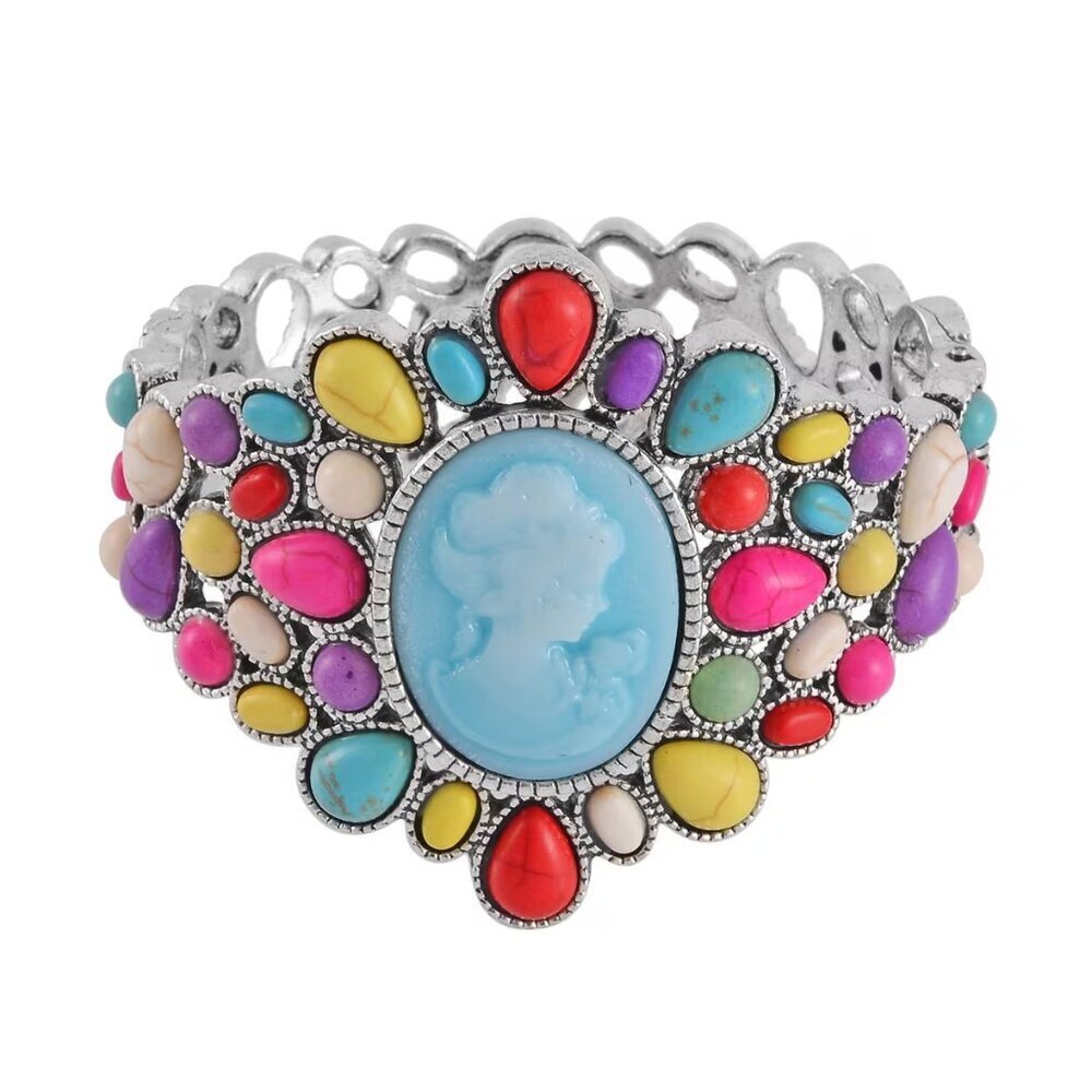Beautiful Multi Color Howlite and Blue Cameo Bangle Bracelet in Silvertone (7")